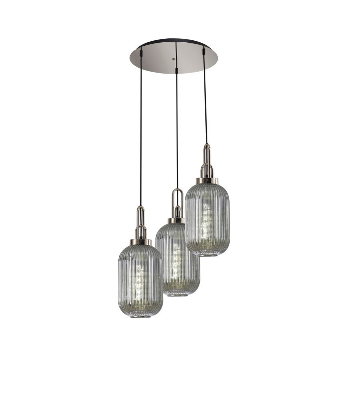Yorktown 55cm Round 3 Light Pendant 20cm Tubular Ribbed Glass Polished Nickel/Matt Black Smoked-1