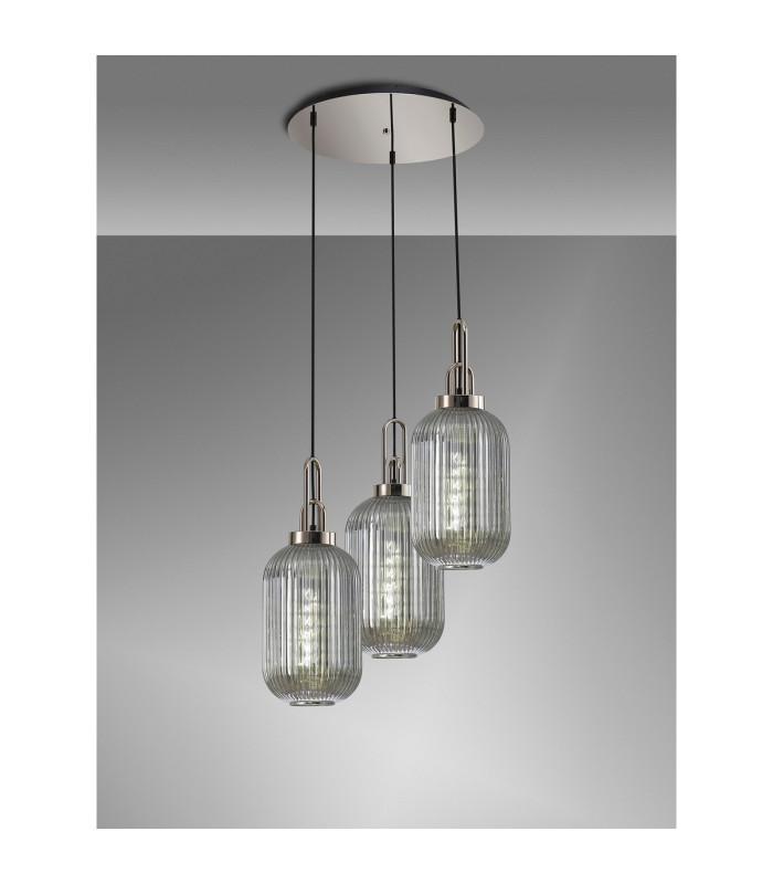 Yorktown 55cm Round 3 Light Pendant 20cm Tubular Ribbed Glass Polished Nickel/Matt Black Smoked-3
