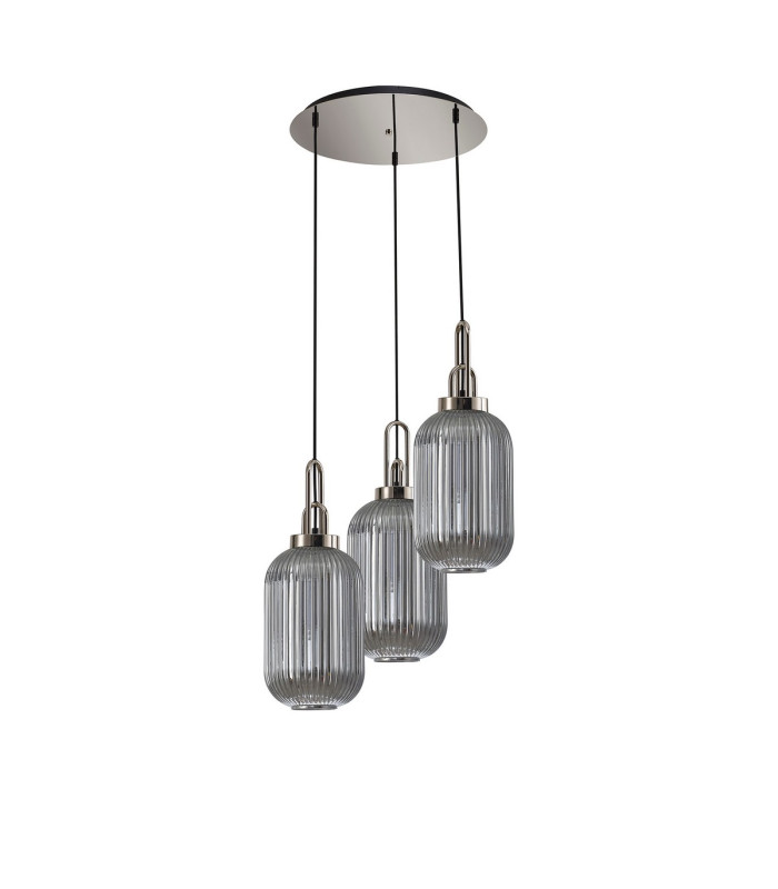 Yorktown 55cm Round 3 Light Pendant 20cm Tubular Ribbed Glass Polished Nickel/Matt Black Smoked-4