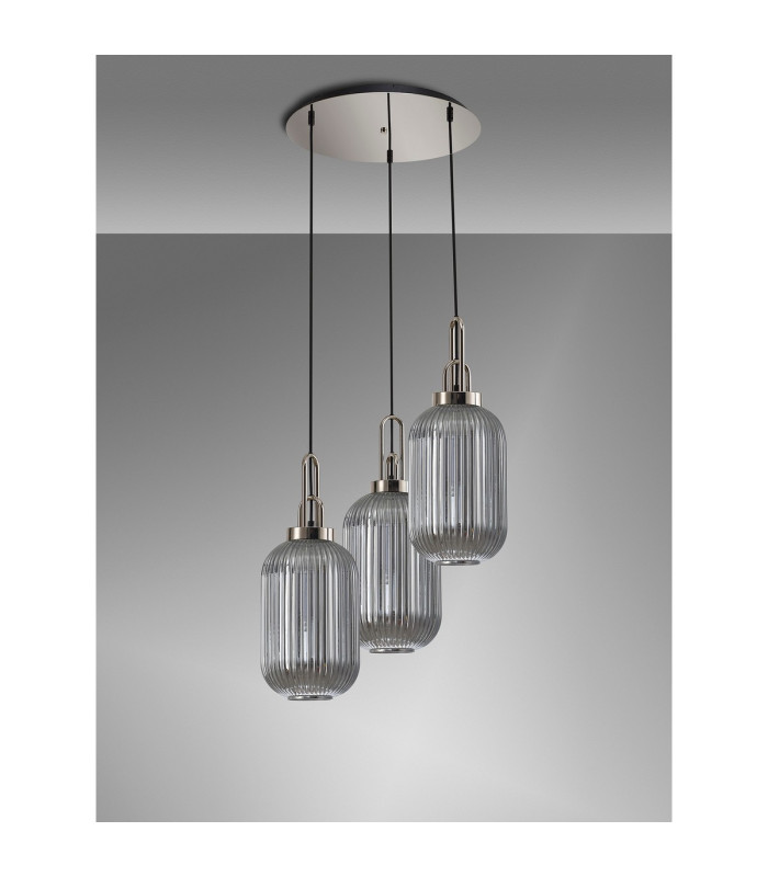 Yorktown 55cm Round 3 Light Pendant 20cm Tubular Ribbed Glass Polished Nickel/Matt Black Smoked-10