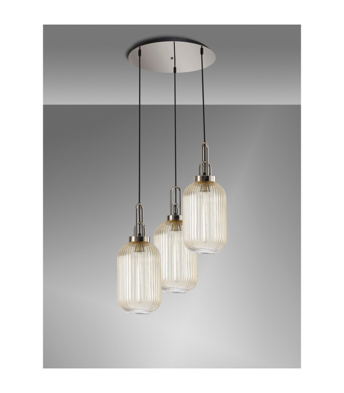 Yorktown 55cm Round 3 Light Pendant 20cm Tubular Ribbed Glass Polished Nickel/Matt Black Champagne-10