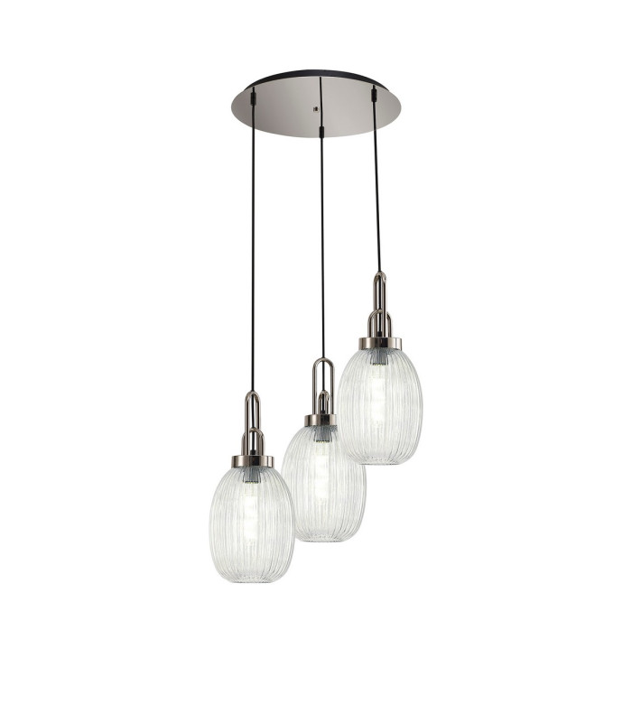 Yorktown 55cm Round 3 Light Pendant 20cm Almond Ribbed Glass Polished Nickel/Matt Black Clear-1