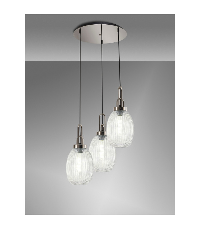 Yorktown 55cm Round 3 Light Pendant 20cm Almond Ribbed Glass Polished Nickel/Matt Black Clear-3