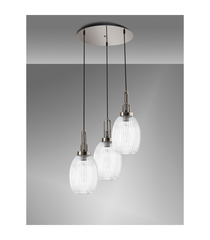 Yorktown 55cm Round 3 Light Pendant 20cm Almond Ribbed Glass Polished Nickel/Matt Black Clear-9