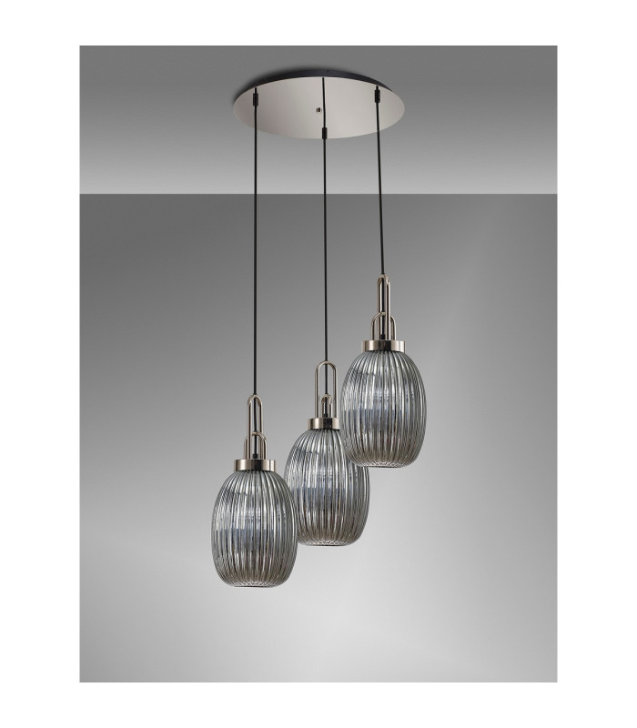 Yorktown 55cm Round 3 Light Pendant 20cm Almond Ribbed Glass Polished Nickel/Matt Black Smoked-9