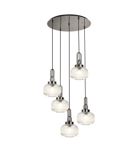 Yorktown 55cm 2.5m Round Pendant 5 x E27 Polished Nickel/Matt Black 20cm Pumpkin Shaped Ribbed Clear Glass-1