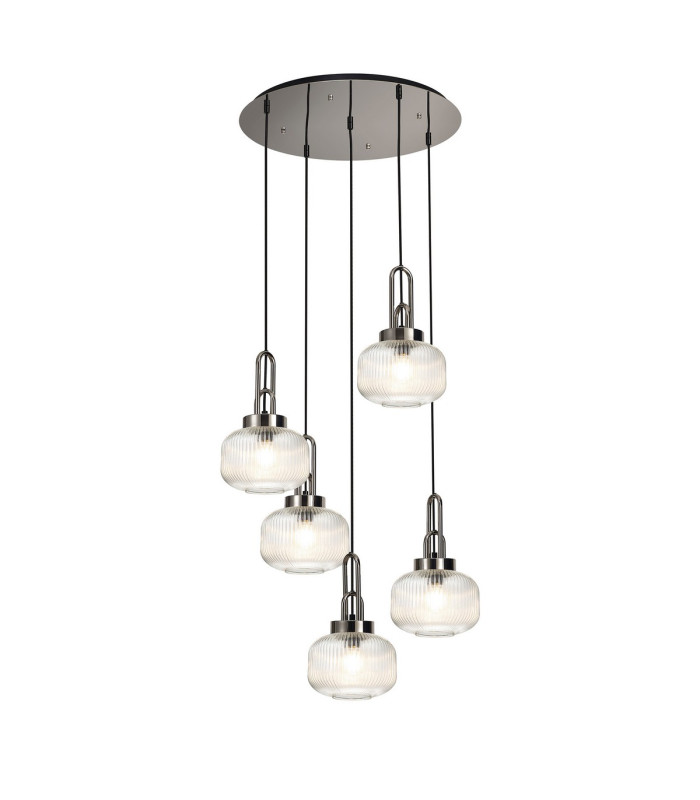 Yorktown 55cm 2.5m Round Pendant 5 x E27 Polished Nickel/Matt Black 20cm Pumpkin Shaped Ribbed Clear Glass-1