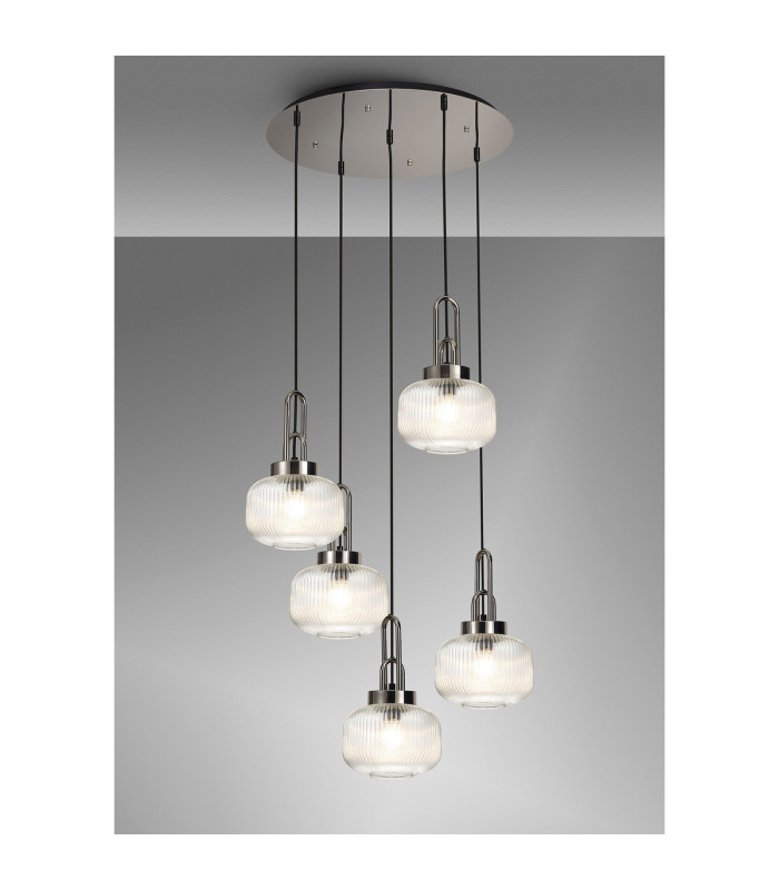 Yorktown 55cm 2.5m Round Pendant 5 x E27 Polished Nickel/Matt Black 20cm Pumpkin Shaped Ribbed Clear Glass-3