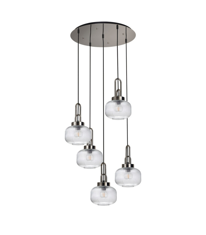Yorktown 55cm 2.5m Round Pendant 5 x E27 Polished Nickel/Matt Black 20cm Pumpkin Shaped Ribbed Clear Glass-4