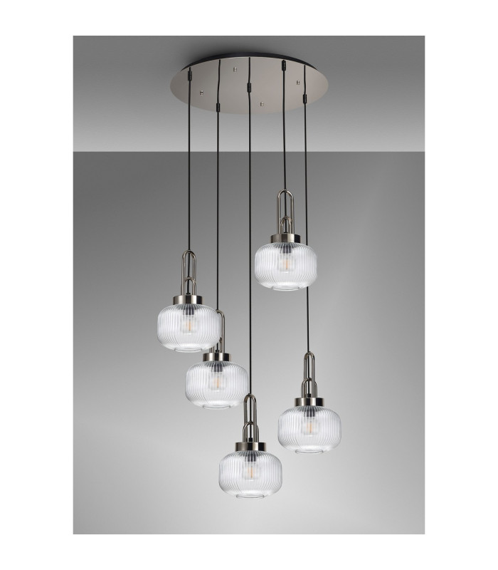 Yorktown 55cm 2.5m Round Pendant 5 x E27 Polished Nickel/Matt Black 20cm Pumpkin Shaped Ribbed Clear Glass-8