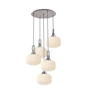 Yorktown 75cm 2.5m Round Pendant 5 x E27 Pewter/Matt Black 30cm Pumpkin Shaped Ribbed Opal Glass-1