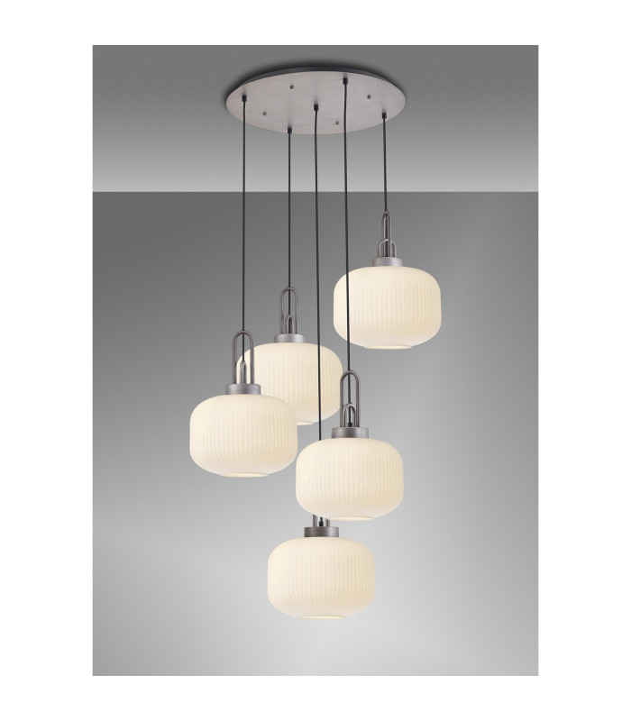 Yorktown 75cm 2.5m Round Pendant 5 x E27 Pewter/Matt Black 30cm Pumpkin Shaped Ribbed Opal Glass-3