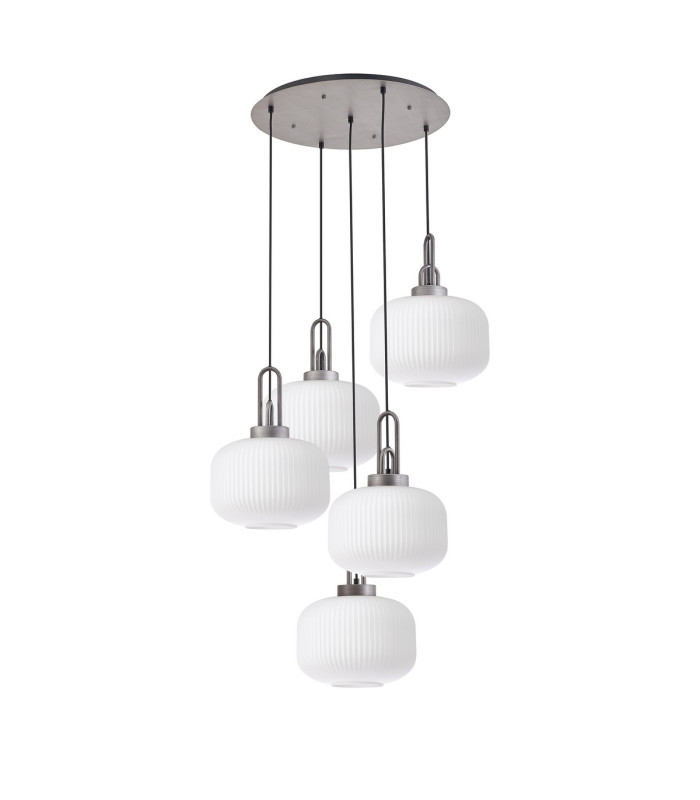 Yorktown 75cm 2.5m Round Pendant 5 x E27 Pewter/Matt Black 30cm Pumpkin Shaped Ribbed Opal Glass-4