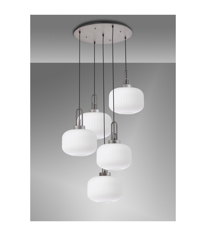Yorktown 75cm 2.5m Round Pendant 5 x E27 Pewter/Matt Black 30cm Pumpkin Shaped Ribbed Opal Glass-10