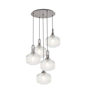 Yorktown 75cm 2.5m Round Pendant 5 x E27 Pewter/Matt Black 30cm Pumpkin Shaped Ribbed Clear Glass-1