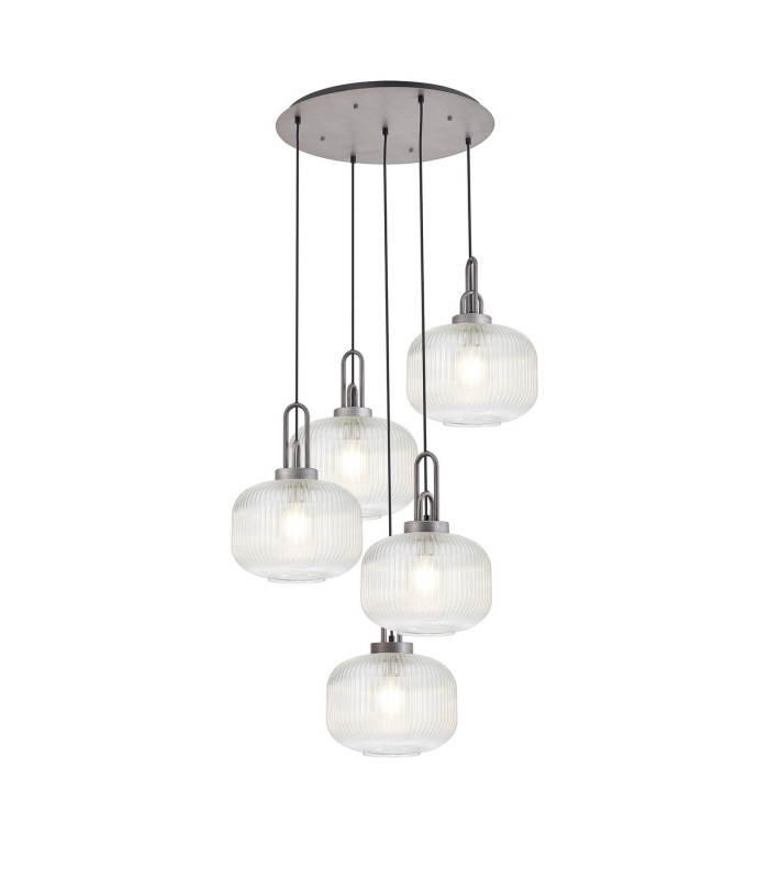Yorktown 75cm 2.5m Round Pendant 5 x E27 Pewter/Matt Black 30cm Pumpkin Shaped Ribbed Clear Glass-1
