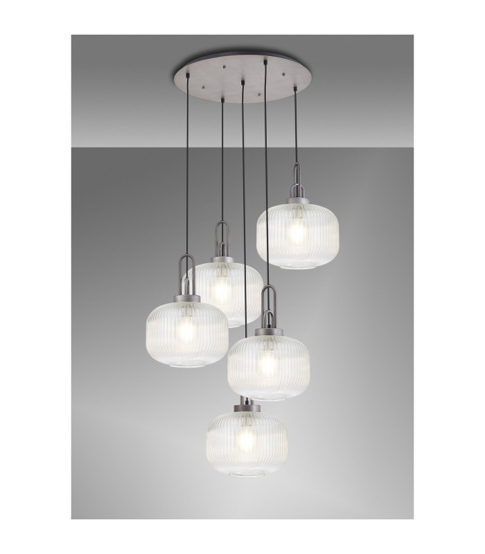 Yorktown 75cm 2.5m Round Pendant 5 x E27 Pewter/Matt Black 30cm Pumpkin Shaped Ribbed Clear Glass-3