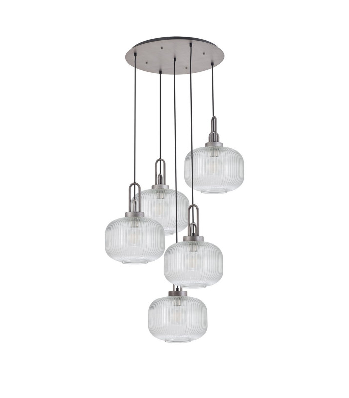 Yorktown 75cm 2.5m Round Pendant 5 x E27 Pewter/Matt Black 30cm Pumpkin Shaped Ribbed Clear Glass-4