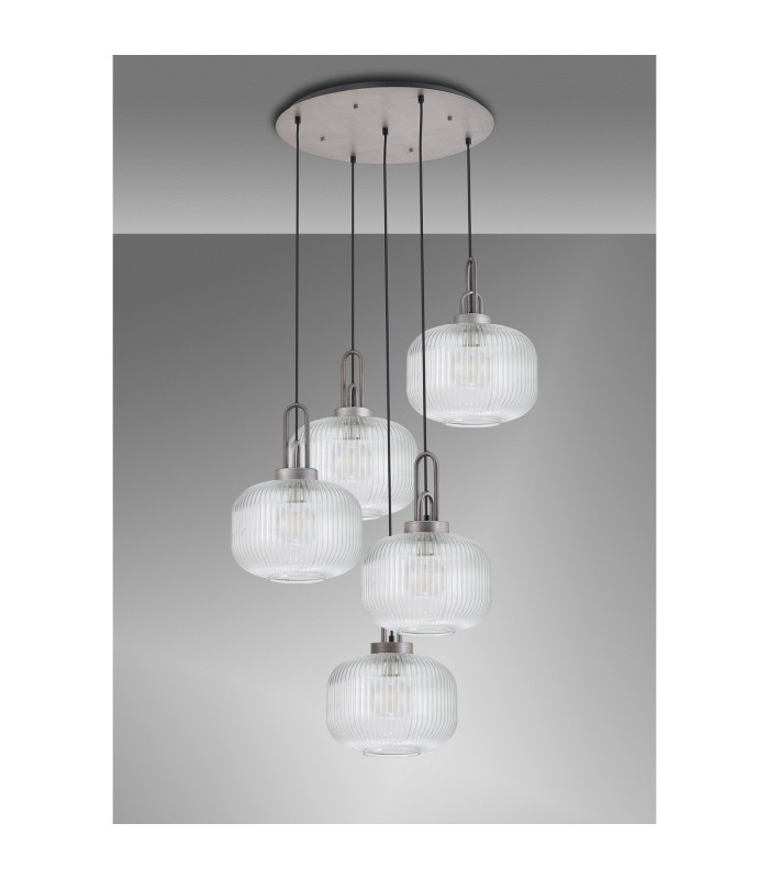 Yorktown 75cm 2.5m Round Pendant 5 x E27 Pewter/Matt Black 30cm Pumpkin Shaped Ribbed Clear Glass-10