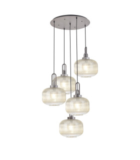 Yorktown 75cm 2.5m Round Pendant 5 x E27 Pewter/Matt Black 30cm Pumpkin Shaped Ribbed Champagne Glass-1