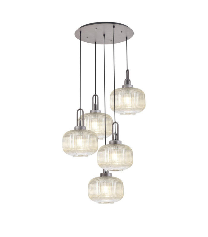 Yorktown 75cm 2.5m Round Pendant 5 x E27 Pewter/Matt Black 30cm Pumpkin Shaped Ribbed Champagne Glass-1