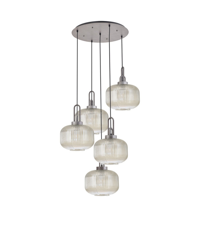 Yorktown 75cm 2.5m Round Pendant 5 x E27 Pewter/Matt Black 30cm Pumpkin Shaped Ribbed Champagne Glass-4