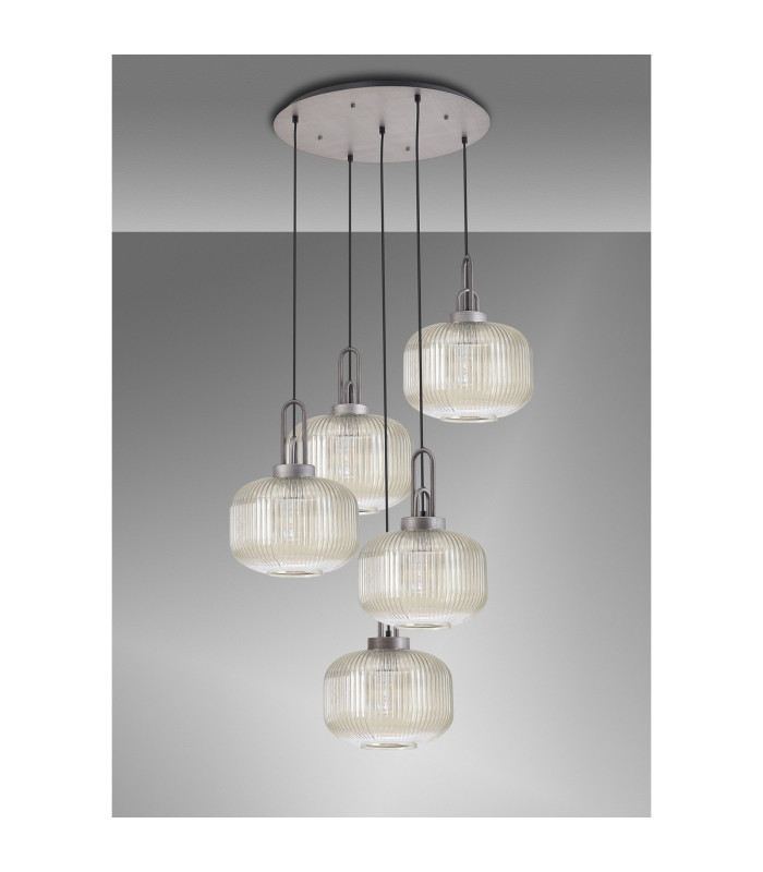 Yorktown 75cm 2.5m Round Pendant 5 x E27 Pewter/Matt Black 30cm Pumpkin Shaped Ribbed Champagne Glass-10
