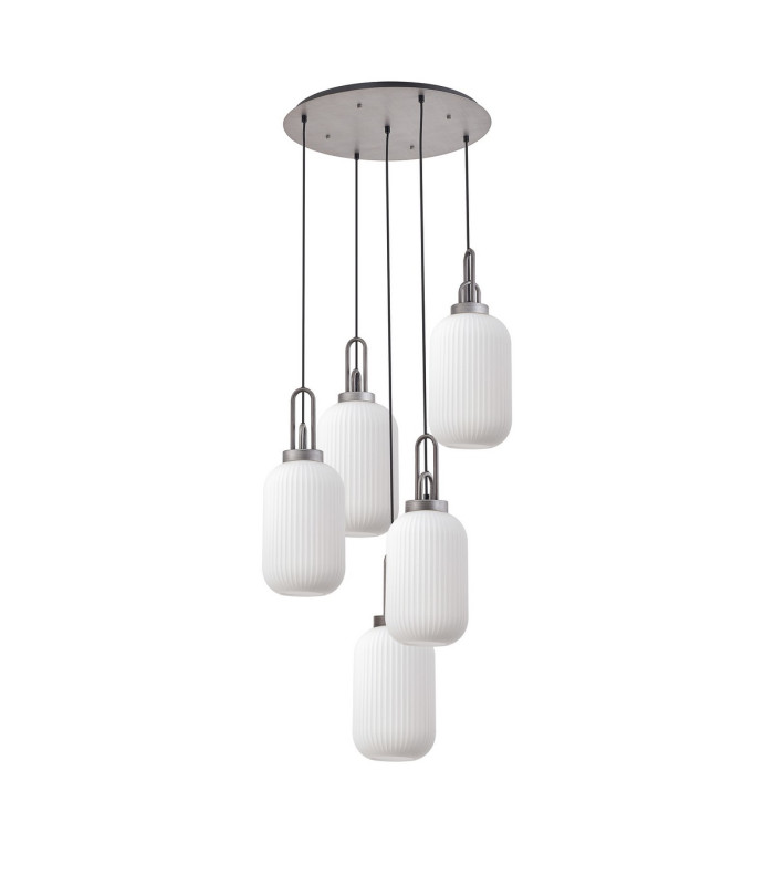 Yorktown 65cm Round 5 Light Pendant 20cm Tubular Ribbed Glass Aged Pewter/Matt Black Opal-4