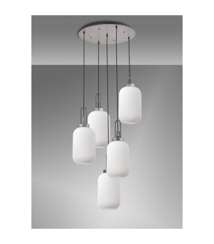 Yorktown 65cm Round 5 Light Pendant 20cm Tubular Ribbed Glass Aged Pewter/Matt Black Opal-9
