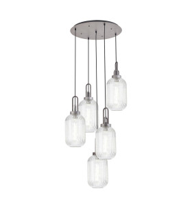 Yorktown 65cm Round 5 Light Pendant 20cm Tubular Ribbed Glass Aged Pewter/Matt Black Clear-1