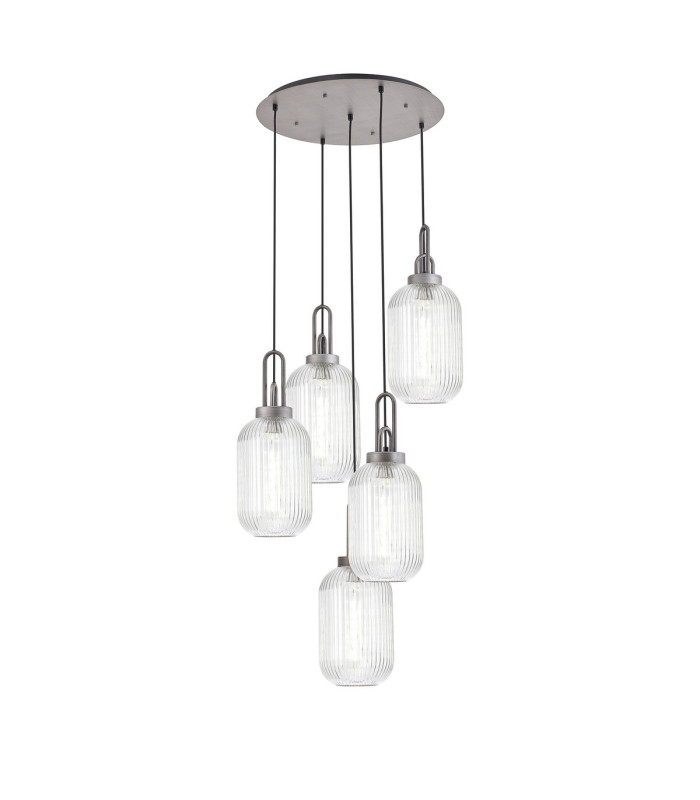 Yorktown 65cm Round 5 Light Pendant 20cm Tubular Ribbed Glass Aged Pewter/Matt Black Clear-1