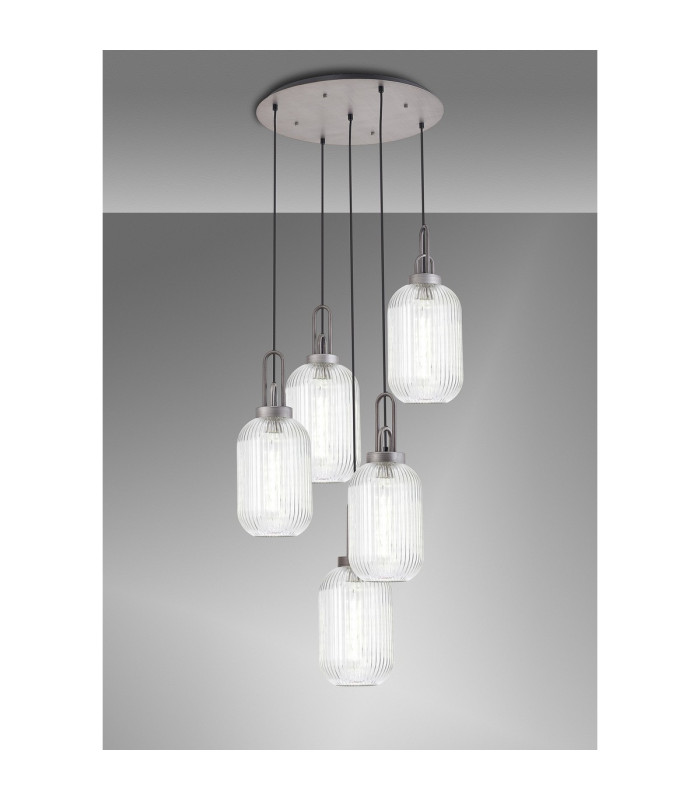 Yorktown 65cm Round 5 Light Pendant 20cm Tubular Ribbed Glass Aged Pewter/Matt Black Clear-3