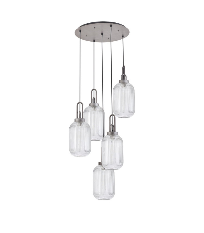 Yorktown 65cm Round 5 Light Pendant 20cm Tubular Ribbed Glass Aged Pewter/Matt Black Clear-4