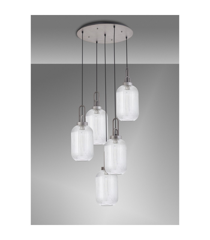 Yorktown 65cm Round 5 Light Pendant 20cm Tubular Ribbed Glass Aged Pewter/Matt Black Clear-10