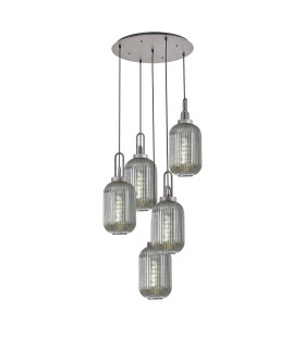 Yorktown 65cm Round 5 Light Pendant 20cm Tubular Ribbed Glass Aged Pewter/Matt Black Smoked-1