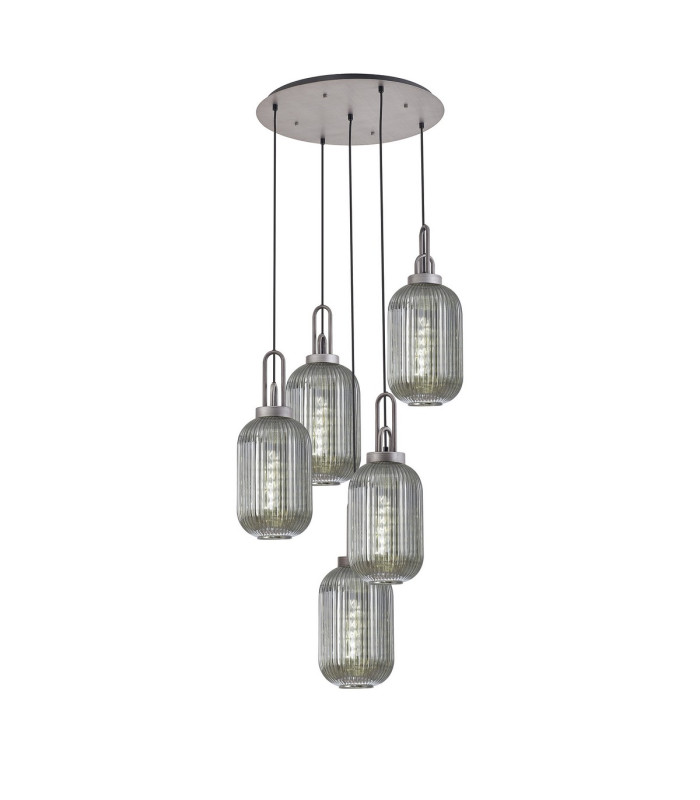 Yorktown 65cm Round 5 Light Pendant 20cm Tubular Ribbed Glass Aged Pewter/Matt Black Smoked-1