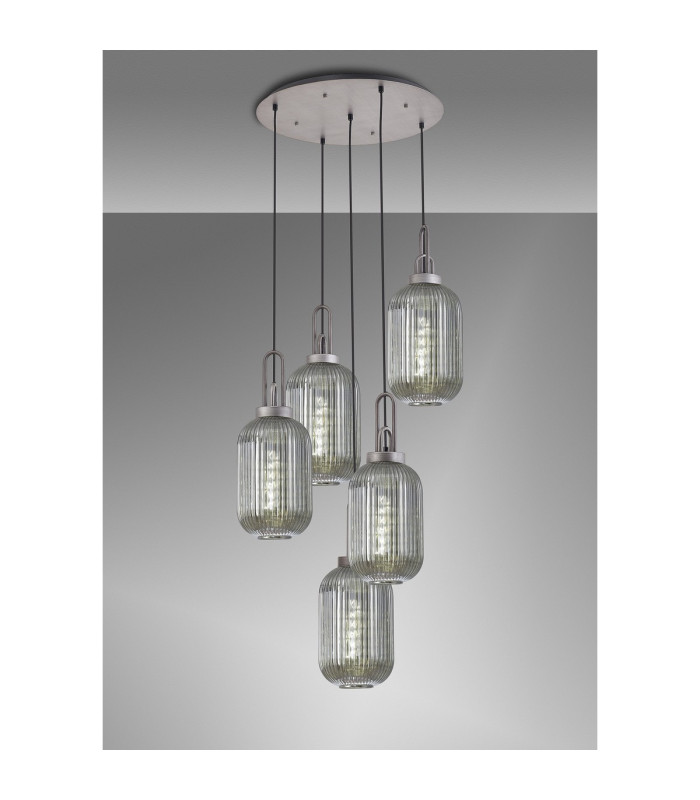 Yorktown 65cm Round 5 Light Pendant 20cm Tubular Ribbed Glass Aged Pewter/Matt Black Smoked-3