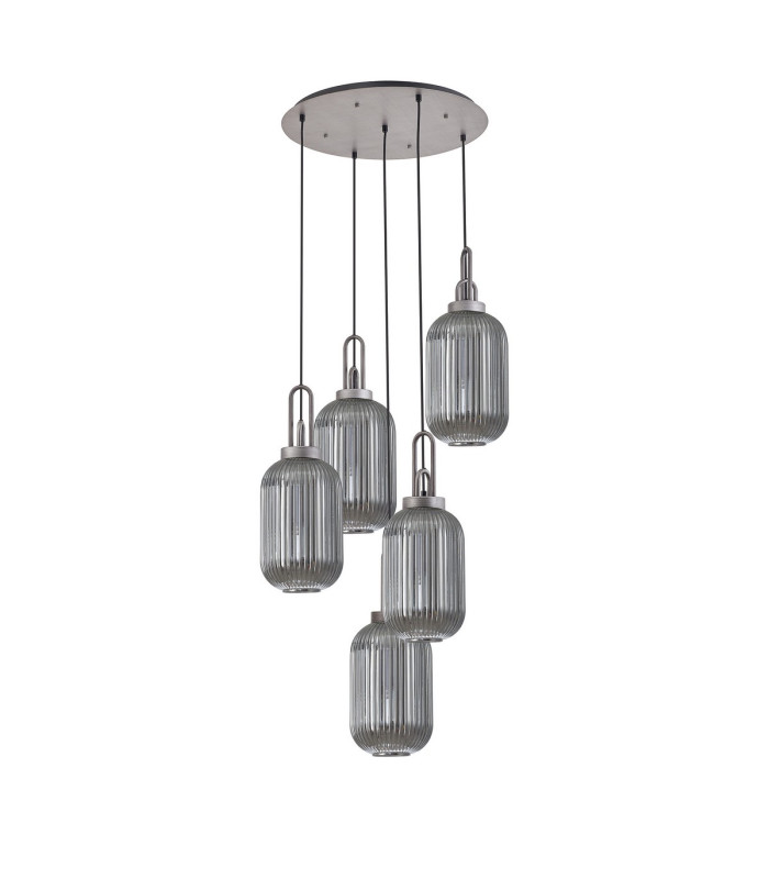 Yorktown 65cm Round 5 Light Pendant 20cm Tubular Ribbed Glass Aged Pewter/Matt Black Smoked-4