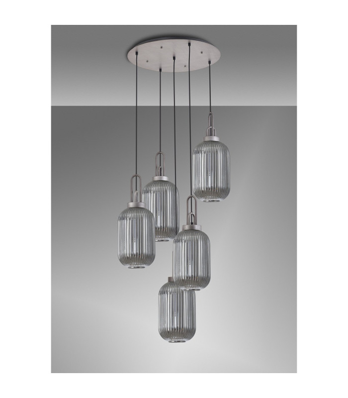Yorktown 65cm Round 5 Light Pendant 20cm Tubular Ribbed Glass Aged Pewter/Matt Black Smoked-10
