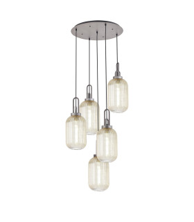 Yorktown 65cm Round 5 Light Pendant 20cm Tubular Ribbed Glass Aged Pewter/Matt Black Champagne-1