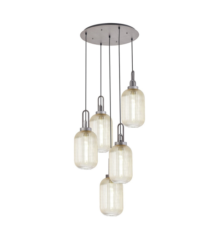 Yorktown 65cm Round 5 Light Pendant 20cm Tubular Ribbed Glass Aged Pewter/Matt Black Champagne-1