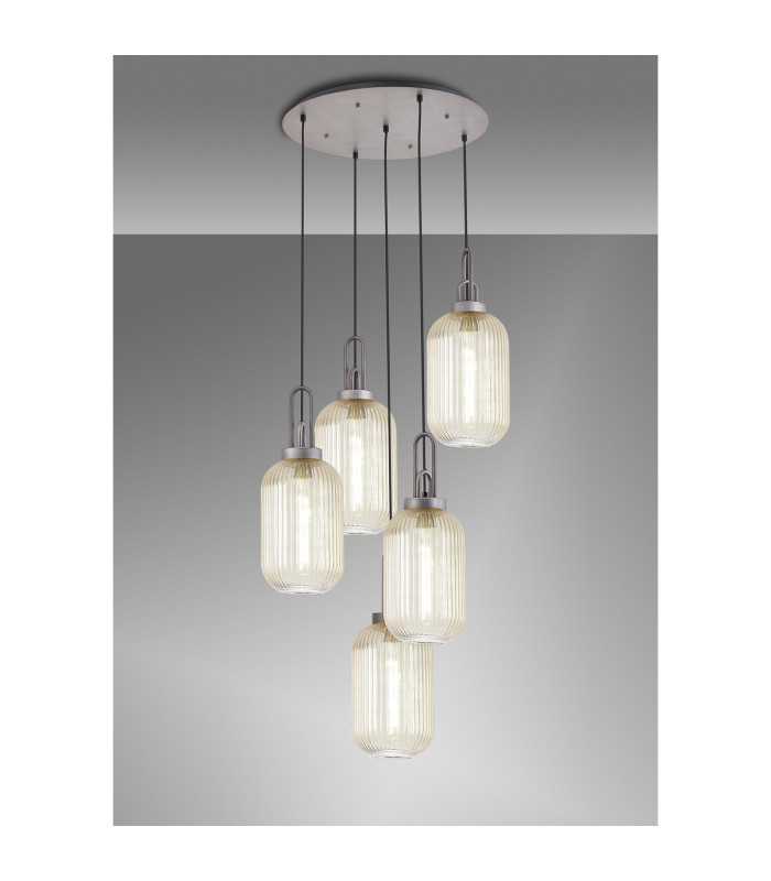 Yorktown 65cm Round 5 Light Pendant 20cm Tubular Ribbed Glass Aged Pewter/Matt Black Champagne-3