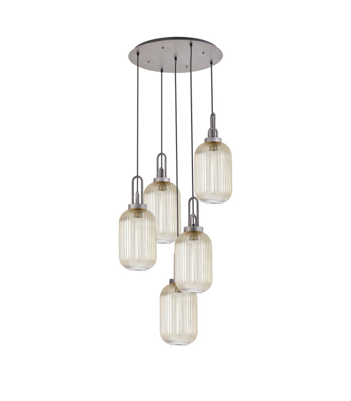 Yorktown 65cm Round 5 Light Pendant 20cm Tubular Ribbed Glass Aged Pewter/Matt Black Champagne-4