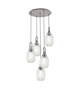 Yorktown 65cm Round 5 Light Pendant 20cm Almond Ribbed Glass Aged Pewter/Matt Black Clear-1