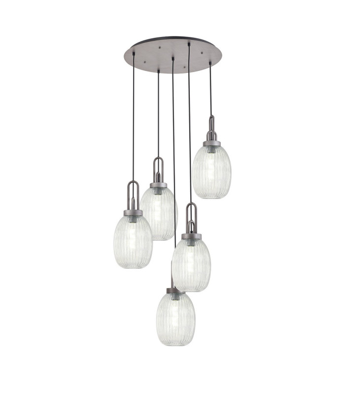 Yorktown 65cm Round 5 Light Pendant 20cm Almond Ribbed Glass Aged Pewter/Matt Black Clear-1