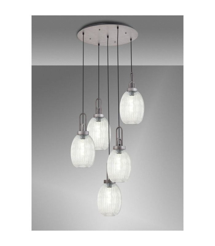 Yorktown 65cm Round 5 Light Pendant 20cm Almond Ribbed Glass Aged Pewter/Matt Black Clear-3