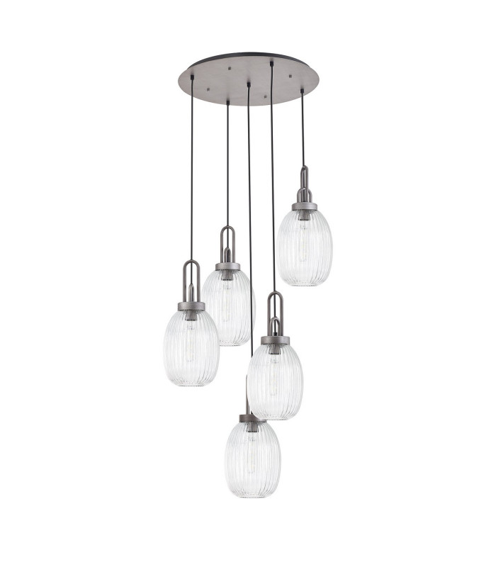 Yorktown 65cm Round 5 Light Pendant 20cm Almond Ribbed Glass Aged Pewter/Matt Black Clear-4