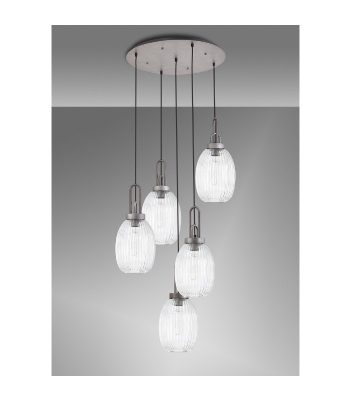 Yorktown 65cm Round 5 Light Pendant 20cm Almond Ribbed Glass Aged Pewter/Matt Black Clear-9