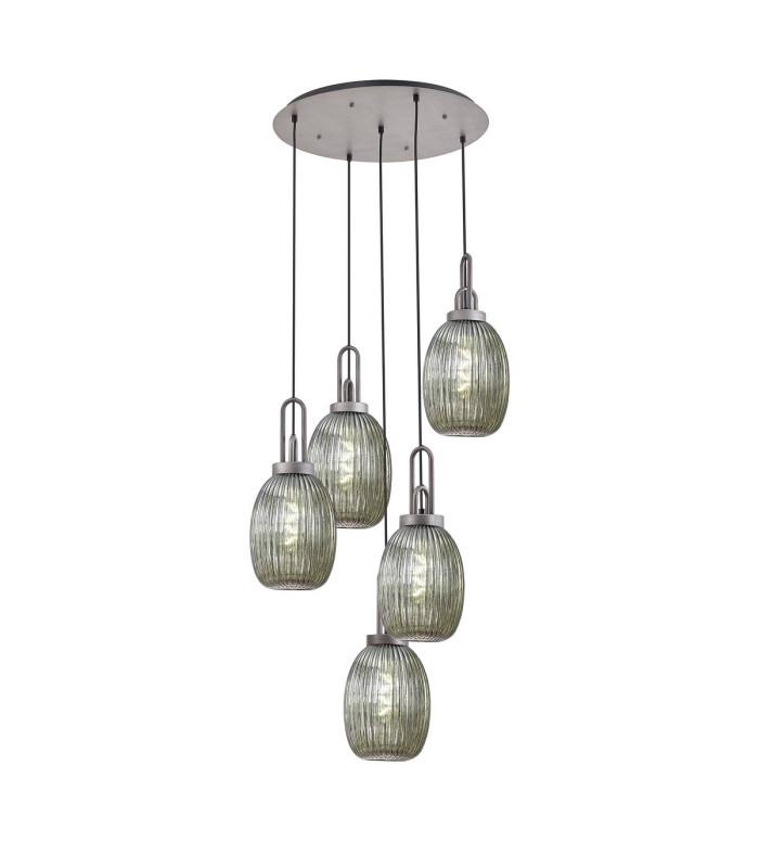 Yorktown 65cm Round 5 Light Pendant 20cm Almond Ribbed Glass Aged Pewter/Matt Black Smoked-1