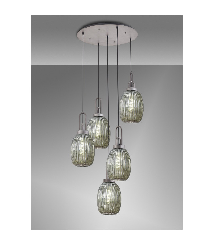 Yorktown 65cm Round 5 Light Pendant 20cm Almond Ribbed Glass Aged Pewter/Matt Black Smoked-3